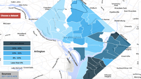 Map of DC with higher levels of poverty, in the southern and eastern regions, highlighted