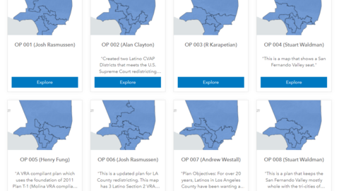 Tabbed list of different LA County districting map idea with submitter names
