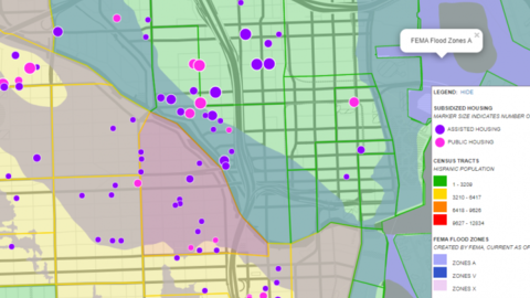 Map of Miami with flood zones, Hispanic population, and public housing highlighted to show overlap