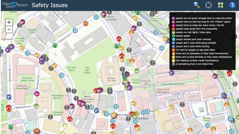Map of Boston streets with alerts for dangerous intersections or streets