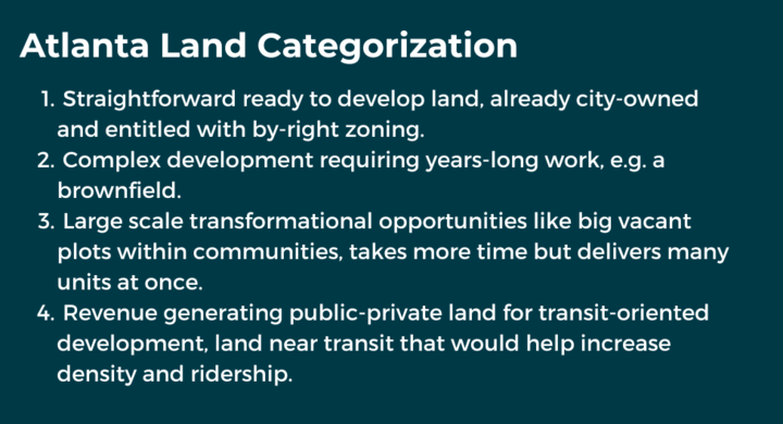 Atlanta Land Categorization:  Straightforward ready to develop land, already city-owned and entitled with by-right zoning.  Complex development requiring years-long work, e.g. a brownfield.  Large scale transformational opportunities like big vacant plots within communities, takes more time but delivers many units at once.  Revenue generating public-private land for transit-oriented development, land near transit that would help increase density and ridership.