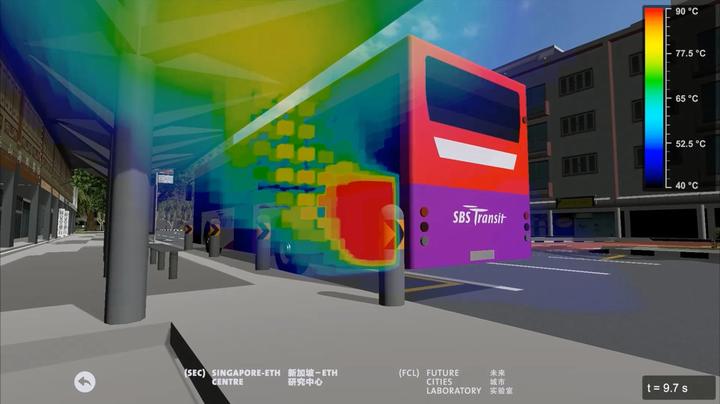 Digital image of a bus pulling up to station, with an overlaid heat map that shows concentration of warmth directly next to bus.
