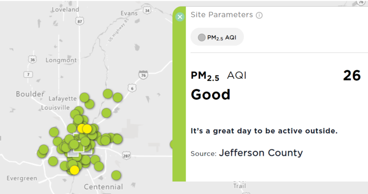 Denver air quality app that shows 'good' air quality for Jefferson County, with green dots on Denver map representing AQ sensors