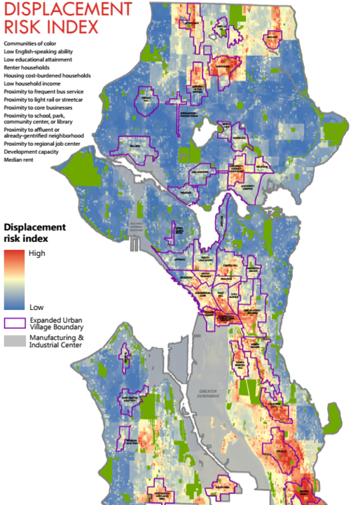 Seattle map with demographics listed and displacement risks high in Northgate and Rainier Valley