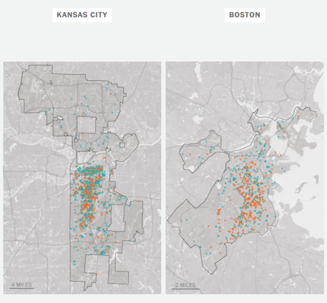 Kansas City and Boston, both with mixed orange and blue dots