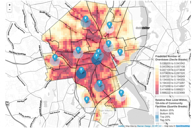City heat map of overdose risk with pins representing fire stations