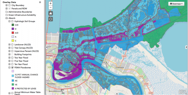 New Orleans map showing absorption and flood risk