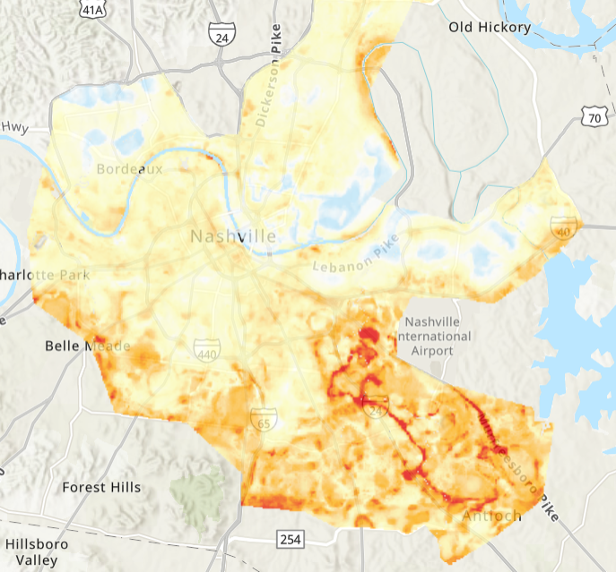 Map of Nashille Metro area with orange wash showing heat intensity; higher heat = darker orange toward the southern edge of the city.
