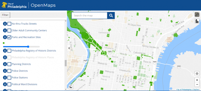 Map of Philadelphia with Parks and Rec spaces in green