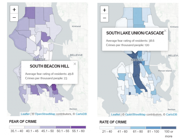 Map comparing the two neighborhoods with fear of crime higher in South Beacon Hill at 49.8 even though crime percentage is 32, versus South Lake Union with fear at 38.6 despite crime percentage at 120