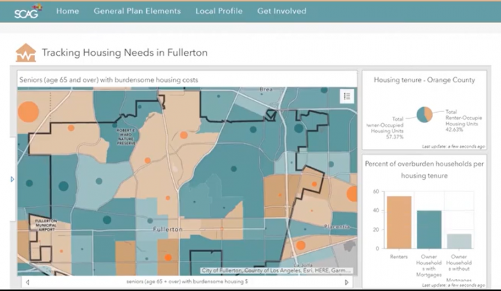 Color-coded map of Fullerton that highlights senior's (over 65) who are burdened by housing costs (more likely to be renters)