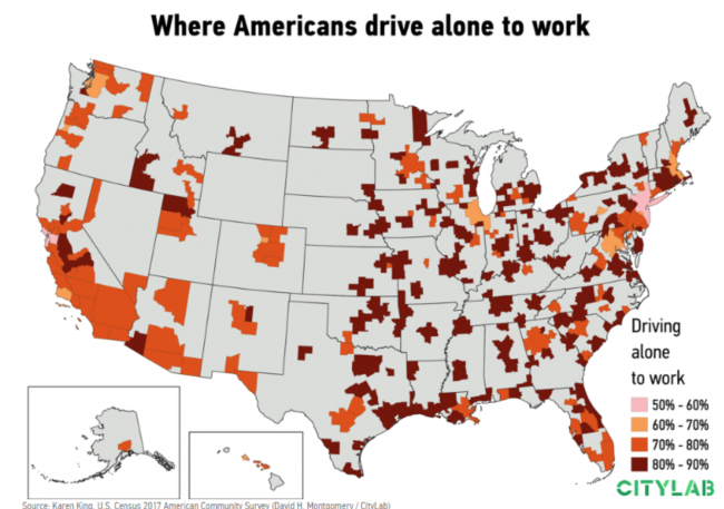 Map of US driving to work alone