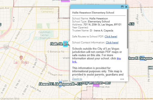 Close up of the map with an elementary school highlighted, with clickable link to the safe routes to this location