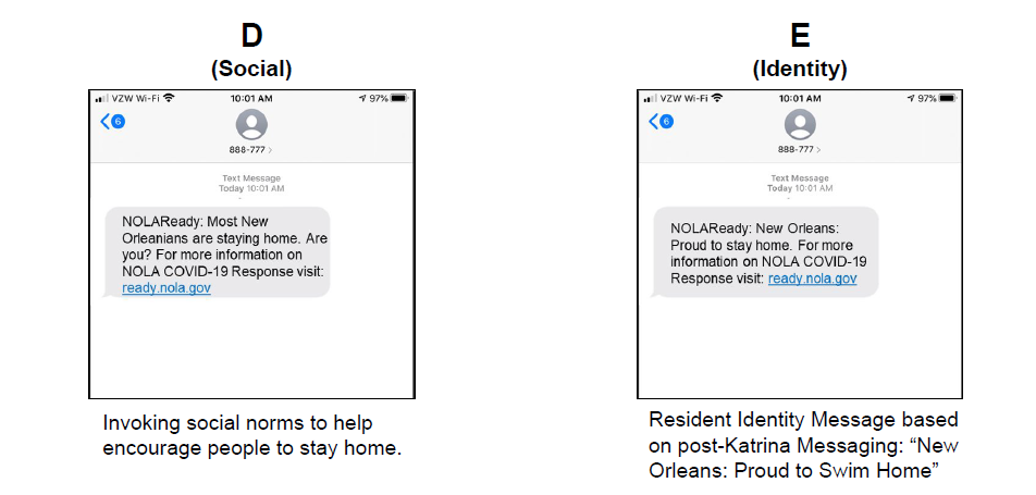 More text mock-ups (based on social norms and New Orleans identity) all with links to the city's COVID-19 site