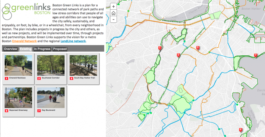 Boston map showing the green links plan including park paths