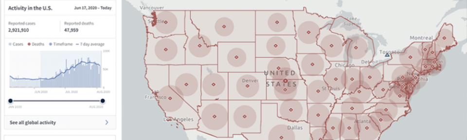 Map of US with red circles over COVID outbreaks in each state, with larger circles showing worse outbreaks