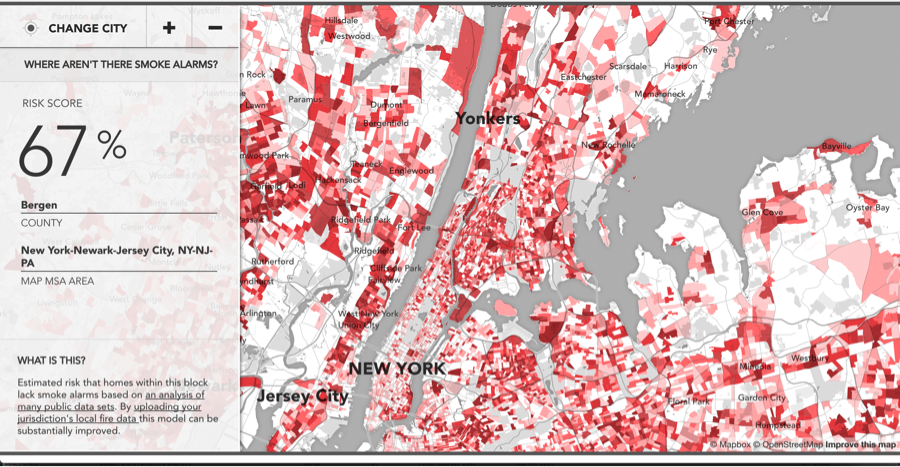 Risk score map showing where there aren't fire alarms with a 67% risk