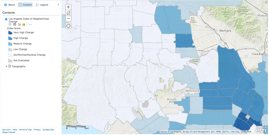 Map of LA with high rates of change in North Hollywood and south LA