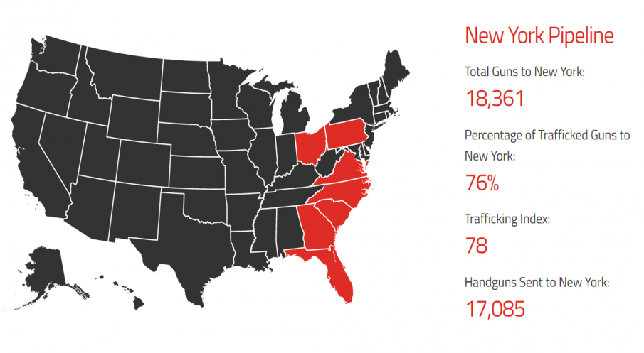 Map showing where the guns trafficking in NY were originated from out-of-state