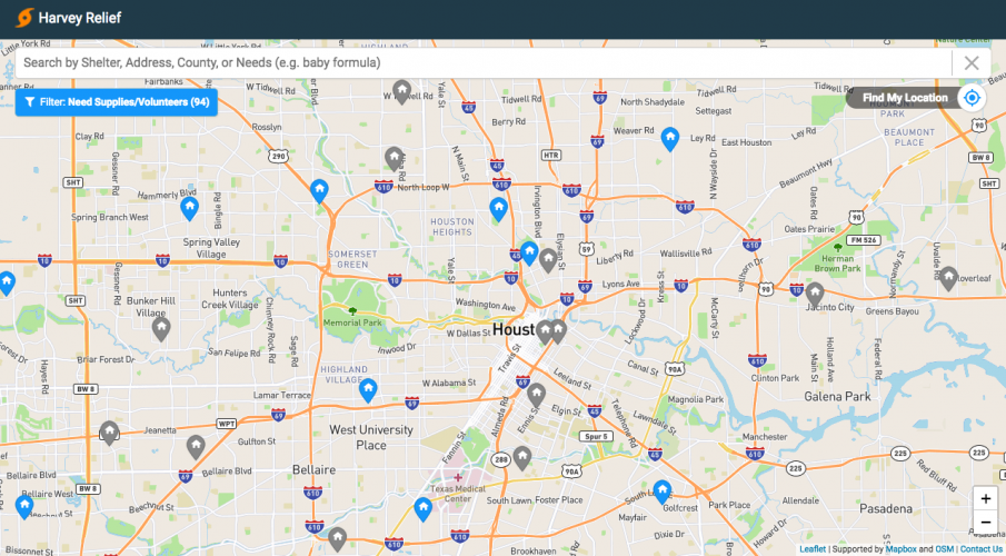 Map of all shelters in Houston, Texas