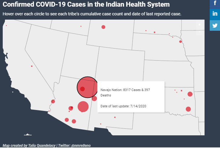 Zoomed in map of the USA with red circles marking COVID outbreaks in the Navajo Nation/American Southwest