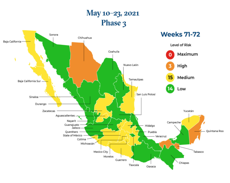 Green-Orange color coded map of Mexico marking low-high risk levels