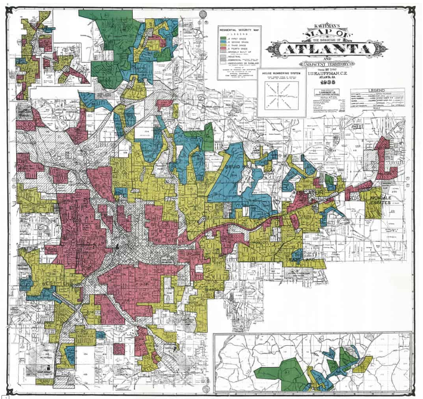 Old map of Atlanta showing redlining
