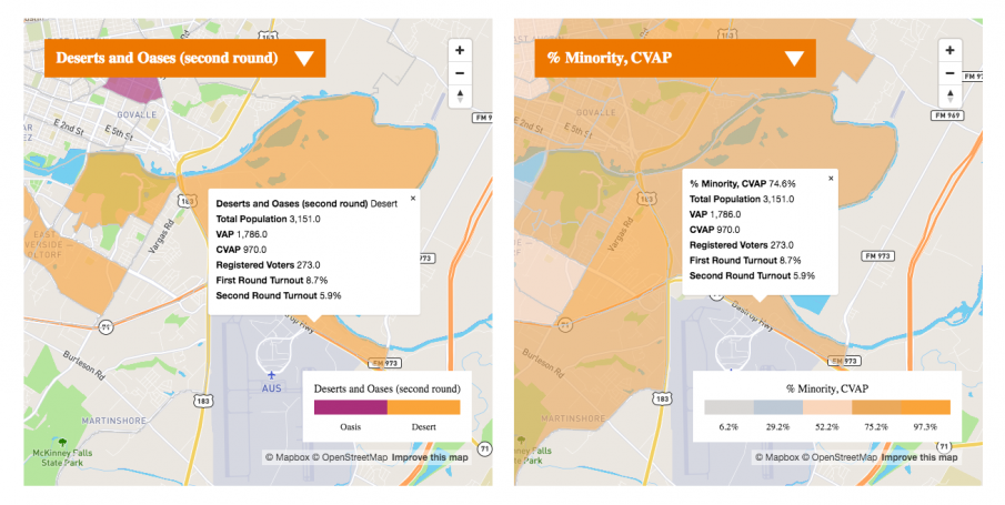 Map showing East Austin's lack of voting locations and high percentage of residents of color