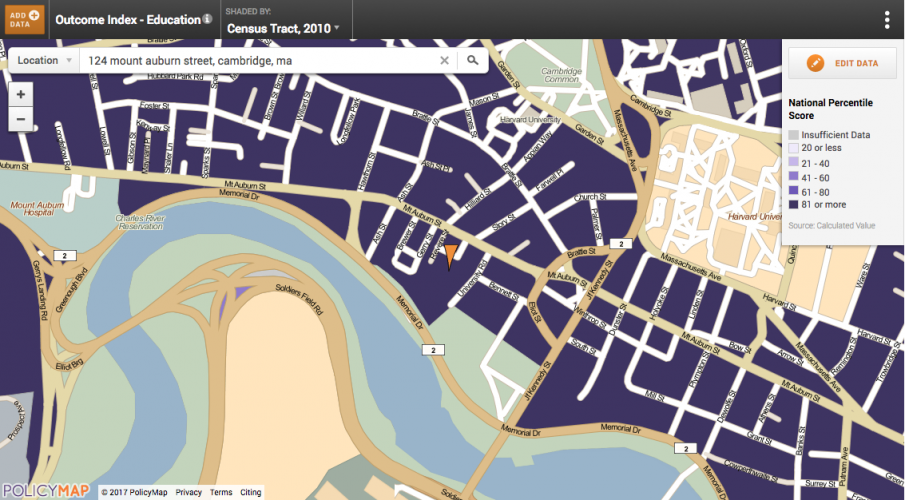 Map of Harvard Square showing high rates of educational attainment