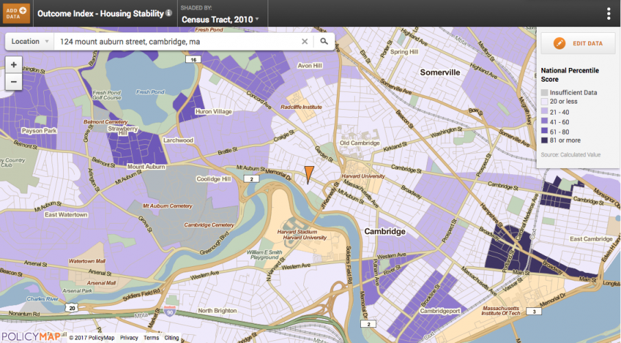 Map of Housing stability in Harvard Square with a range of stability levels both high and low