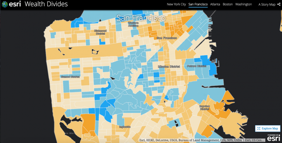 Map of San Francisco with wealth divide graphed; shows a checkerboard pattern but with increasing gentrification