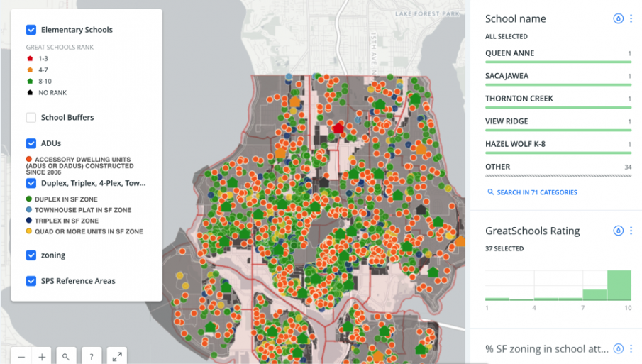 Map of North Seattle with high concentration of schools with rankings.