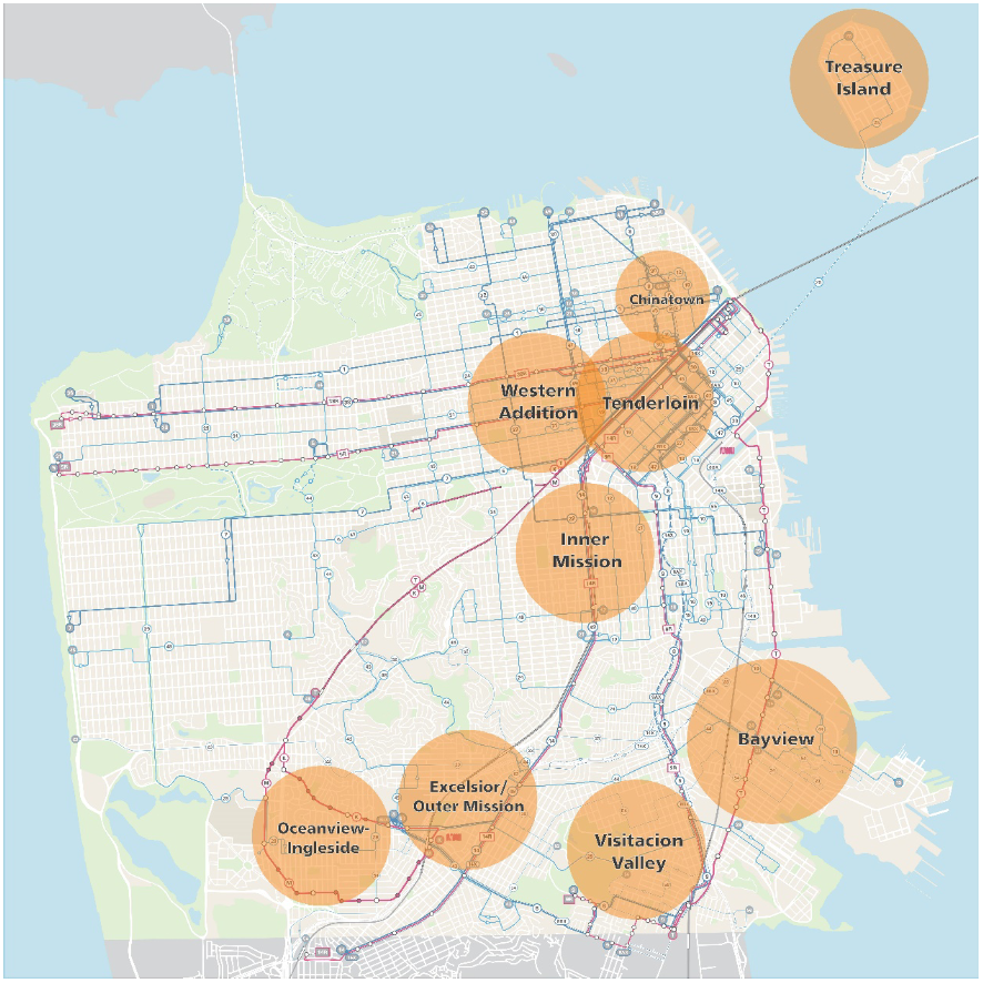 Map of SF zoomed in to show the 9 highlighted areas, circled in orange, that are 