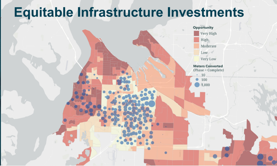 Map of Tacoma titled Equitable Infrastructure Investments; most dots are clustered in low-income areas.