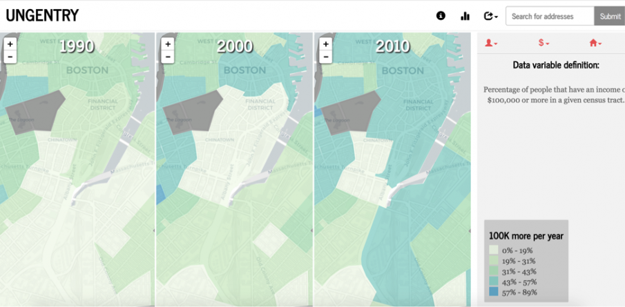 Map of Boston showing 2010 almost all major downtown neighborhoods reported at least 43-58% of households earning over $100,000