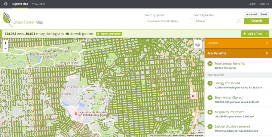 Map of urban forests with number of trees listed, number of available spaces for planting, and number of sidewalk gardens