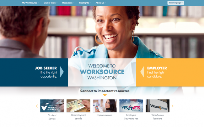 Screenshot of Worksource Washington with information for job seekers and employers