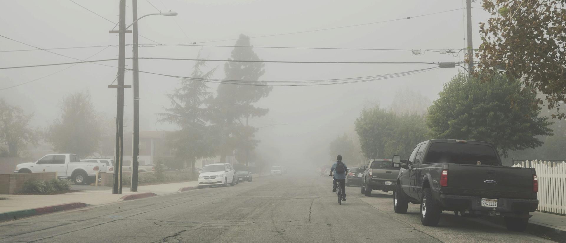 Biker riding down a smoggy street