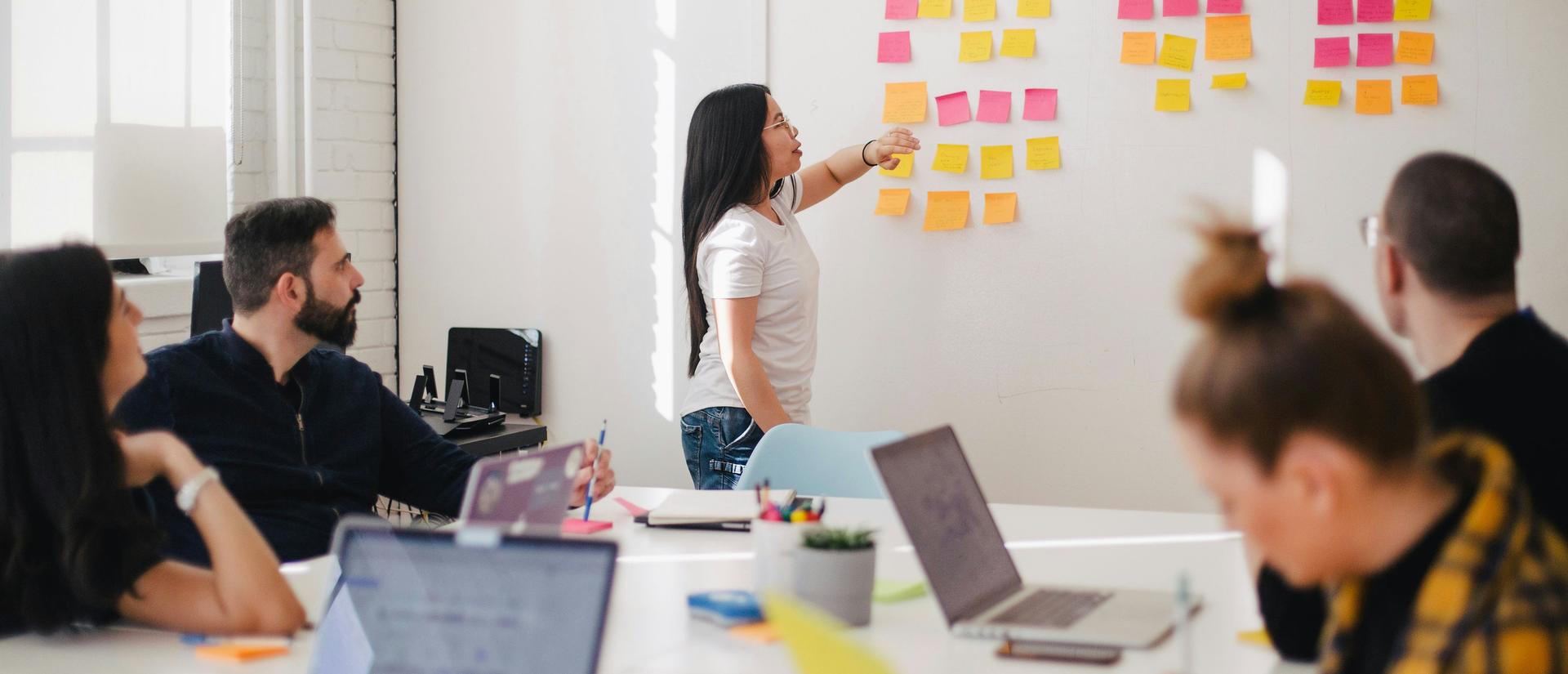 Team meeting with a woman presenting in front of a white board with sticky notes