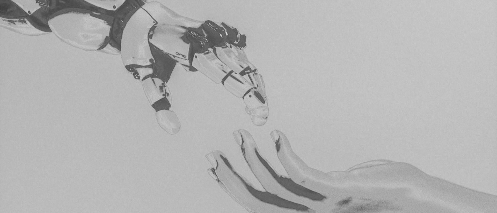Robot hand and human hand touching, in greyscale