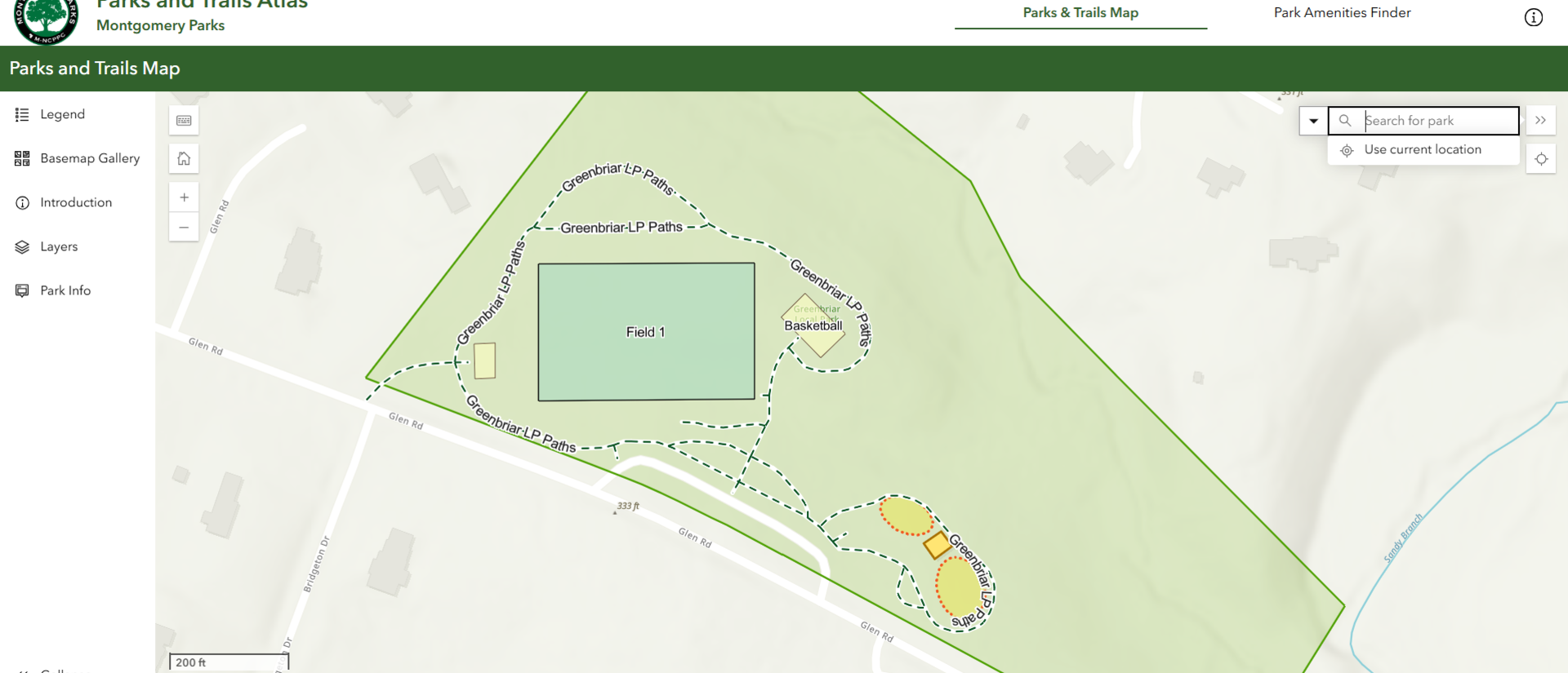 Mont Parks app with field and athletic features of park highlighted