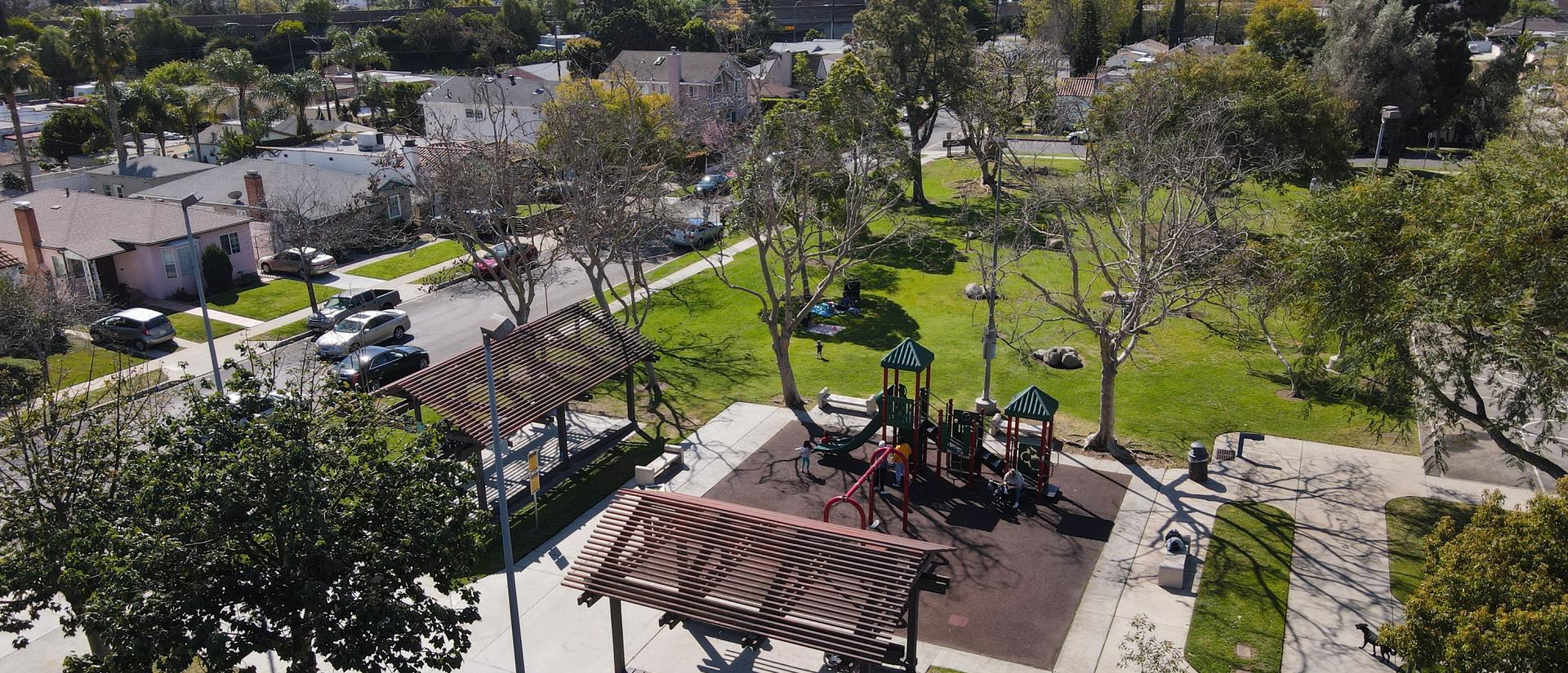 Aerial photo of a small park in Los Angeles. Image from Adobe Stock.