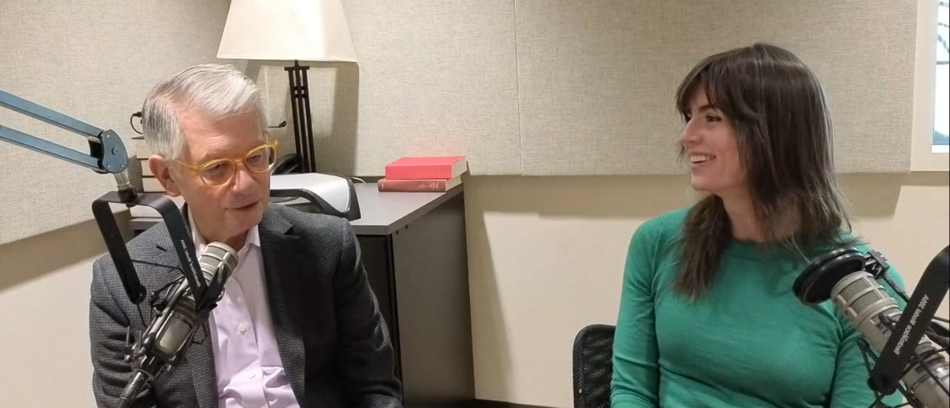 Stephen Goldsmith and Betsy Gardner at mics in a studio