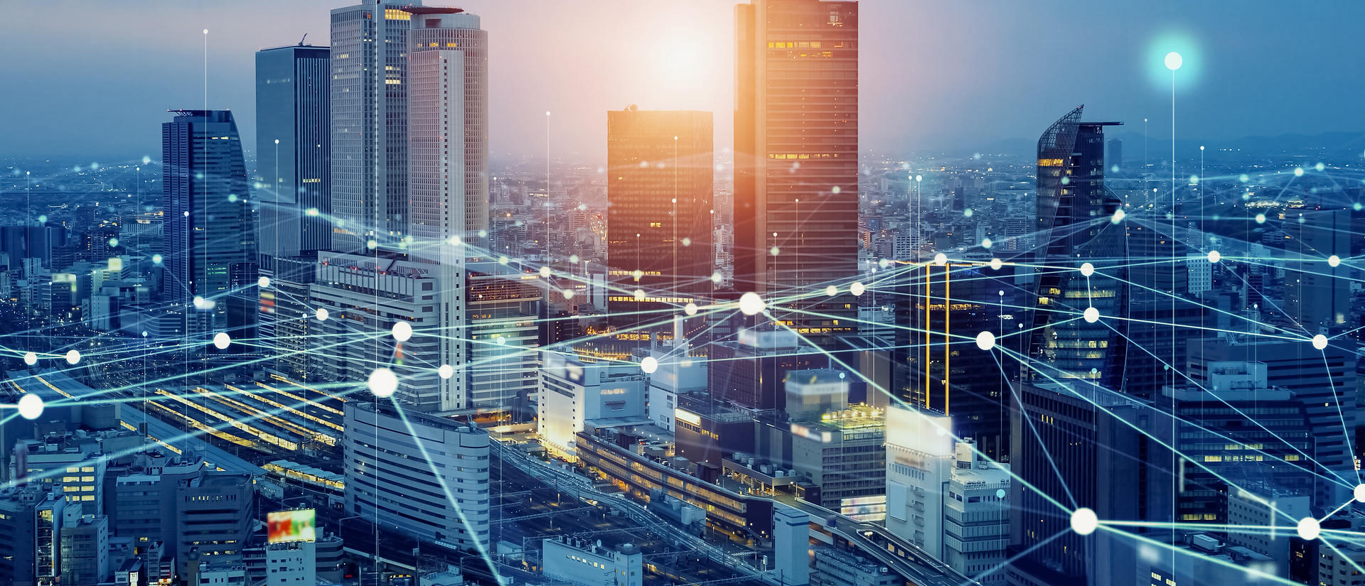 City skyline overlaid with futuristic nodes and network lines