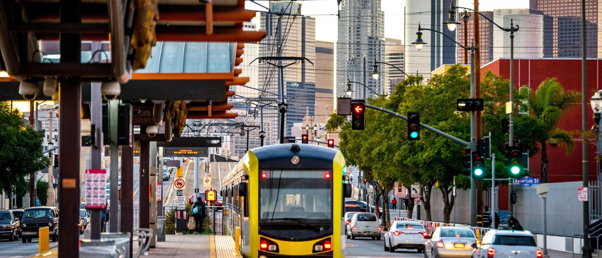 LA Metro train at on-street station stop