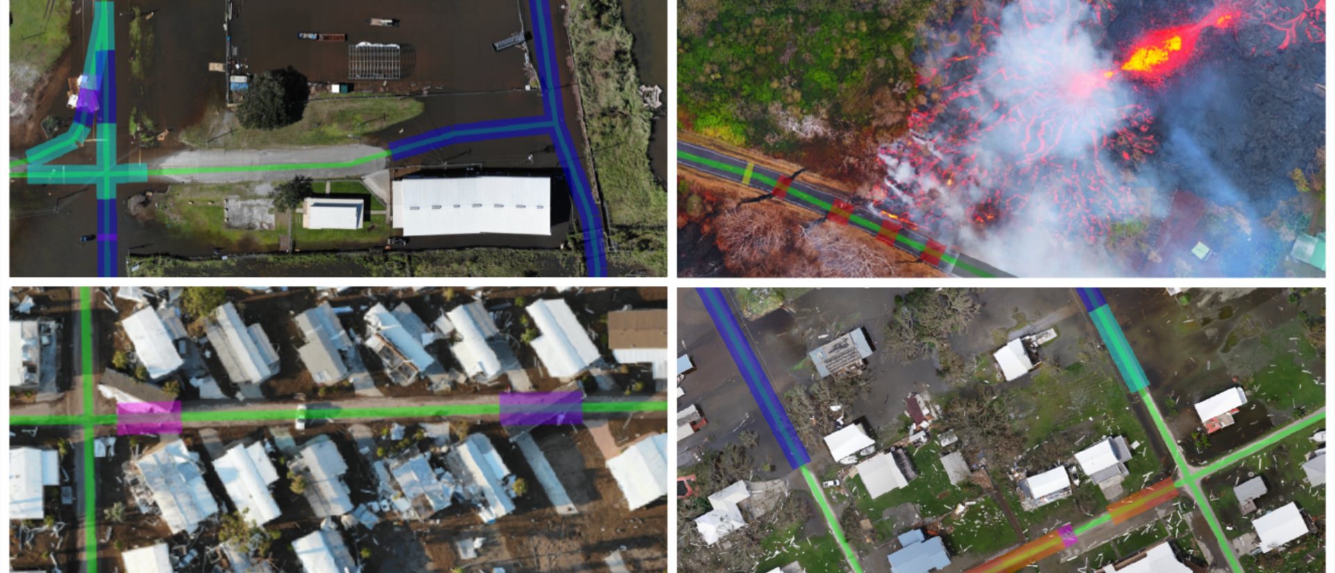 Drone images of neighborhoods with colored lines showing safety and passability of streets