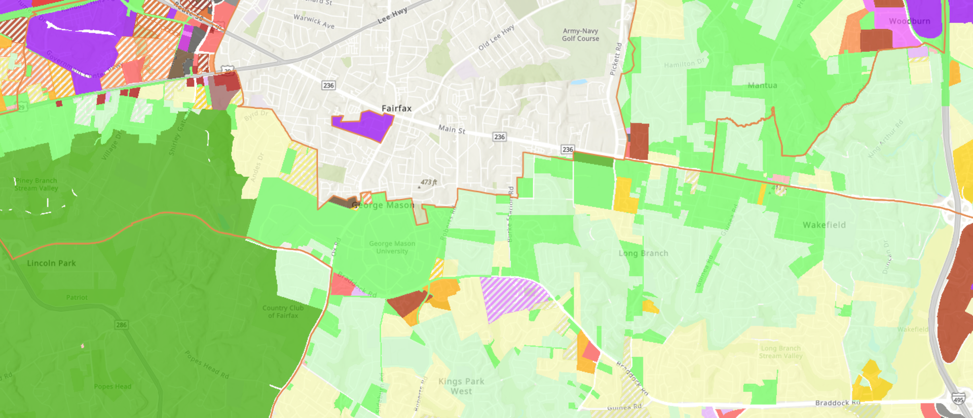 Fairfax map with colorful layers over different areas of zoning