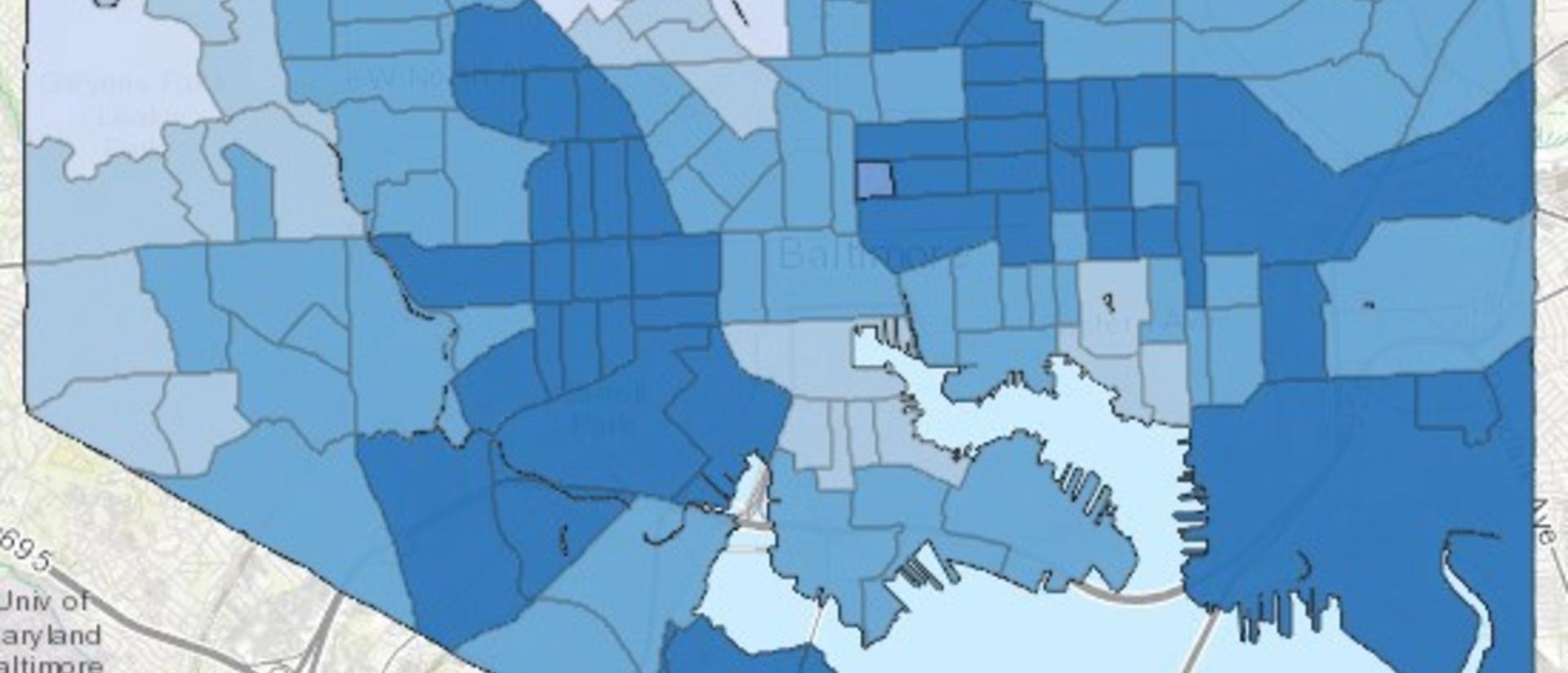 Heat map of Baltimore showing the Black population is concentrated in two wing-shaped areas to the east and west, while a corridor of whiter, wealthier neighborhoods runs down the center
