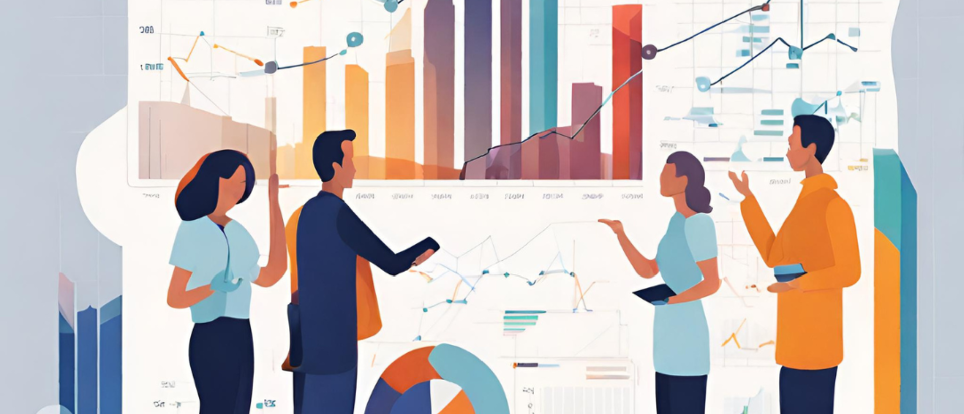 Generated image of cartoon people in front of a wall of stats and graphs