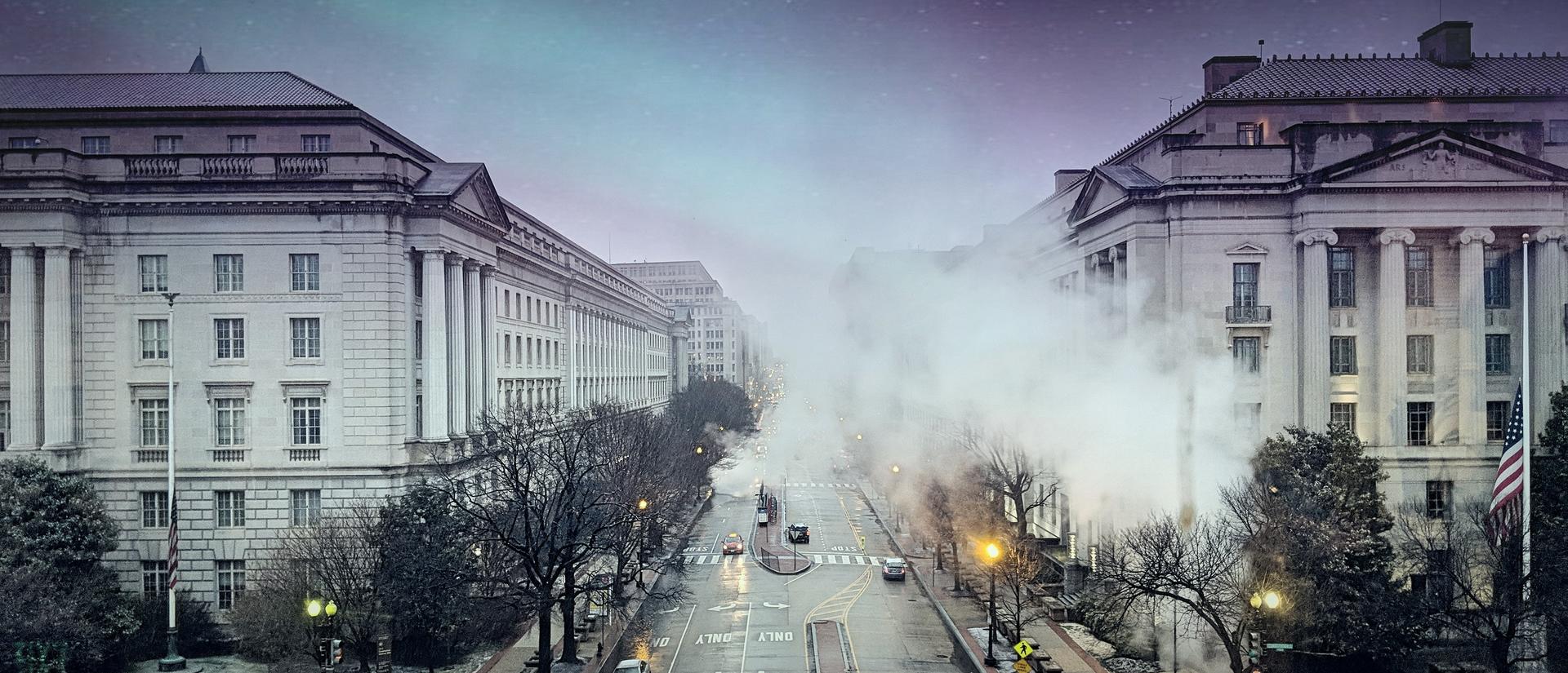 View down a city street